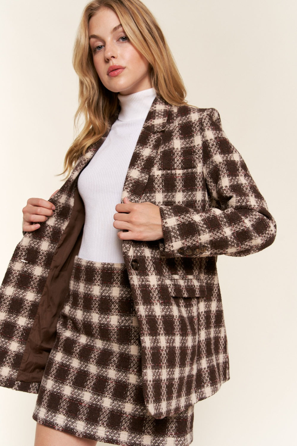 And The Why Full Size Plaid Brushed One Button Blazer - Demented Sisters