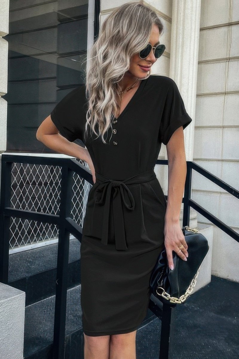 Solid Button Detail Cuffed Pocket Short Dress - Demented Sisters