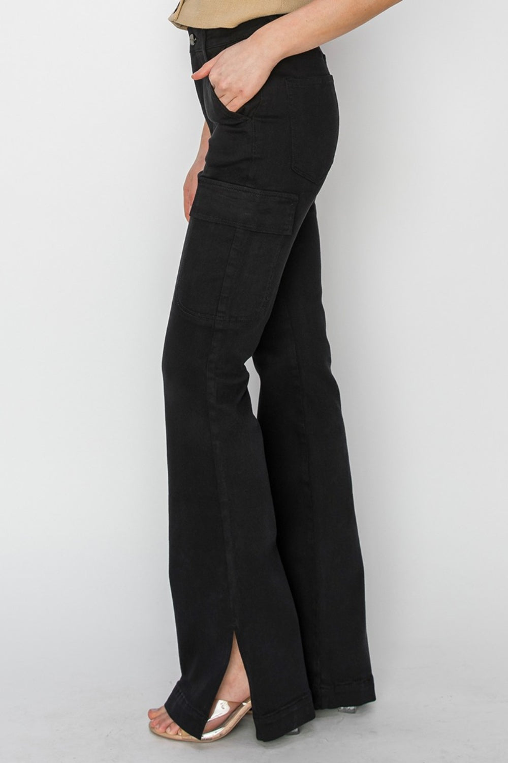 RISEN Full Size High Rise Side Slit Cargo Bootcut Jeans - Demented Sisters