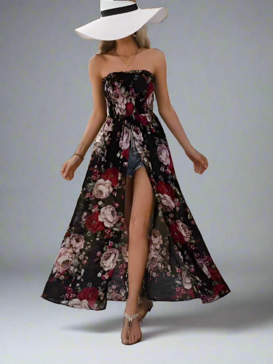 Strapless Floral Maxi Dress – Sheer Overlay with Sweetheart Neckline & High Slit - Demented Sisters