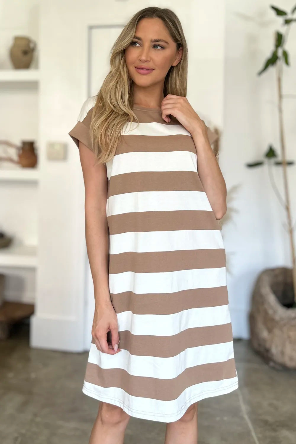 Basic Bae Full Size Striped Round Neck Cap Sleeve Mini Dress - Demented Sisters
