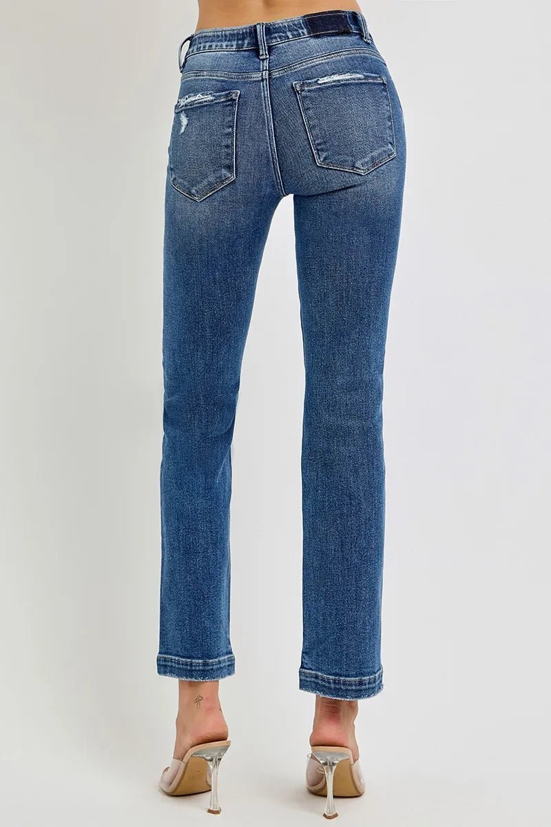 RISEN Full Size Tummy Control Elastic Band Mid Rise Straight Jeans Plus Size - Demented Sisters