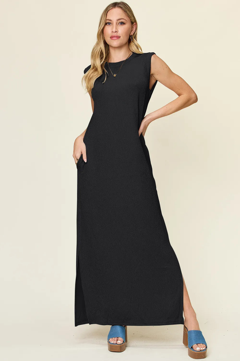 Double Take Full Size Texture Mock Neck Sleeveless Maxi Dress - Demented Sisters