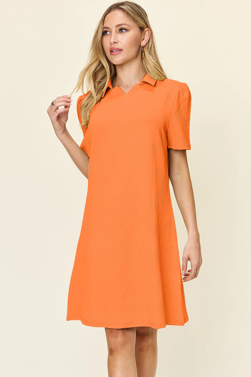 Double Take Full Size Texture Collared Neck Short Sleeve Dress - Demented Sisters