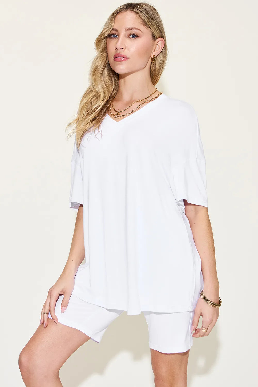 Basic Bae Full Size V - Neck Drop Shoulder T-Shirt and Shorts Set - Demented Sisters