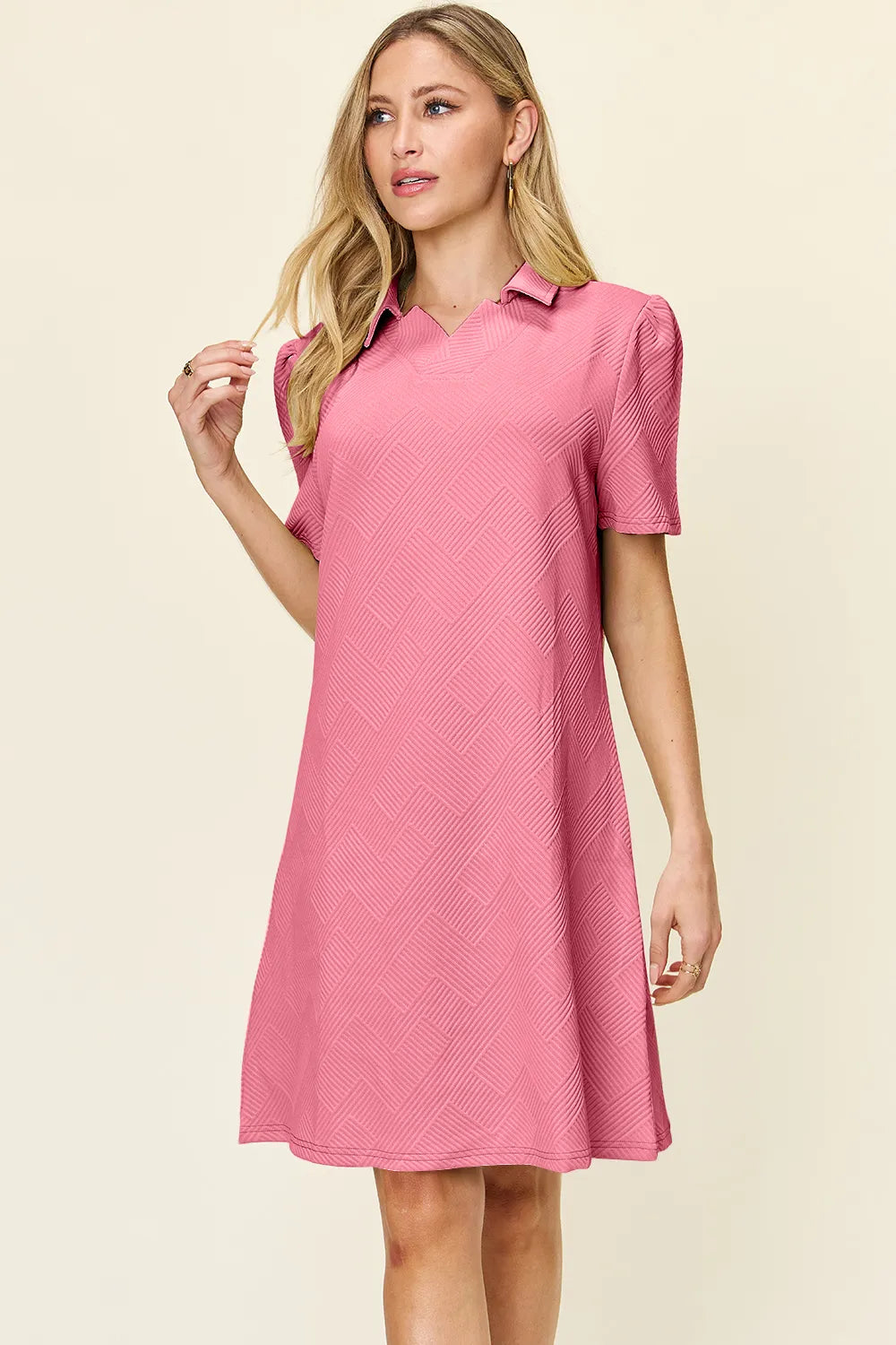 Double Take Full Size Texture Collared Neck Short Sleeve Dress - Demented Sisters