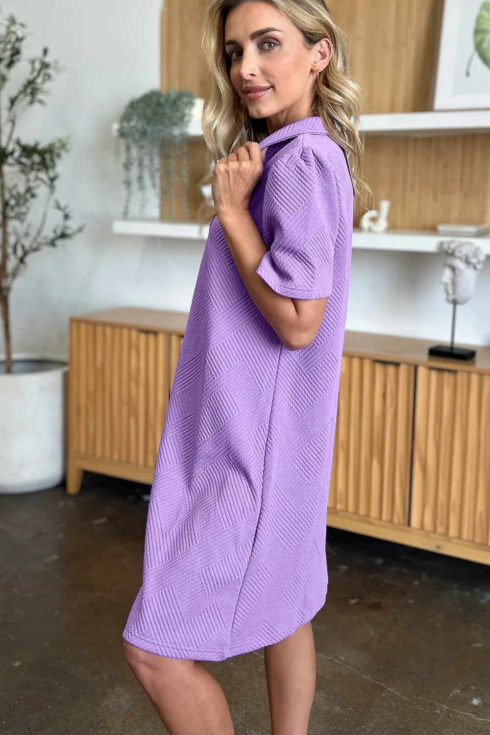 Double Take Full Size Texture Collared Neck Short Sleeve Dress - Demented Sisters