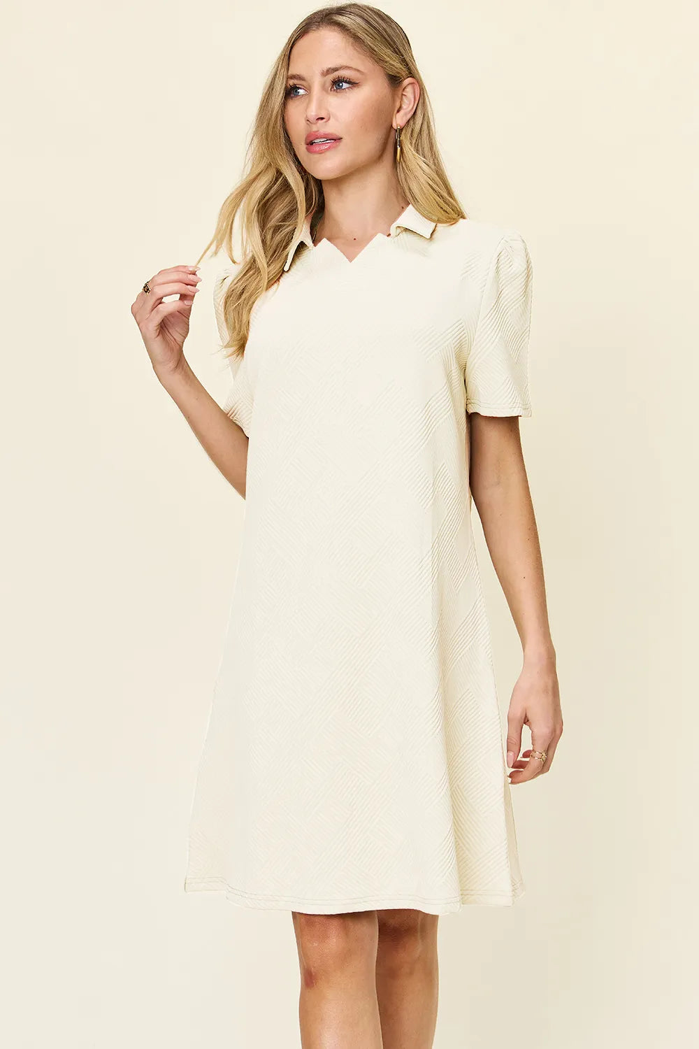 Double Take Full Size Texture Collared Neck Short Sleeve Dress - Demented Sisters