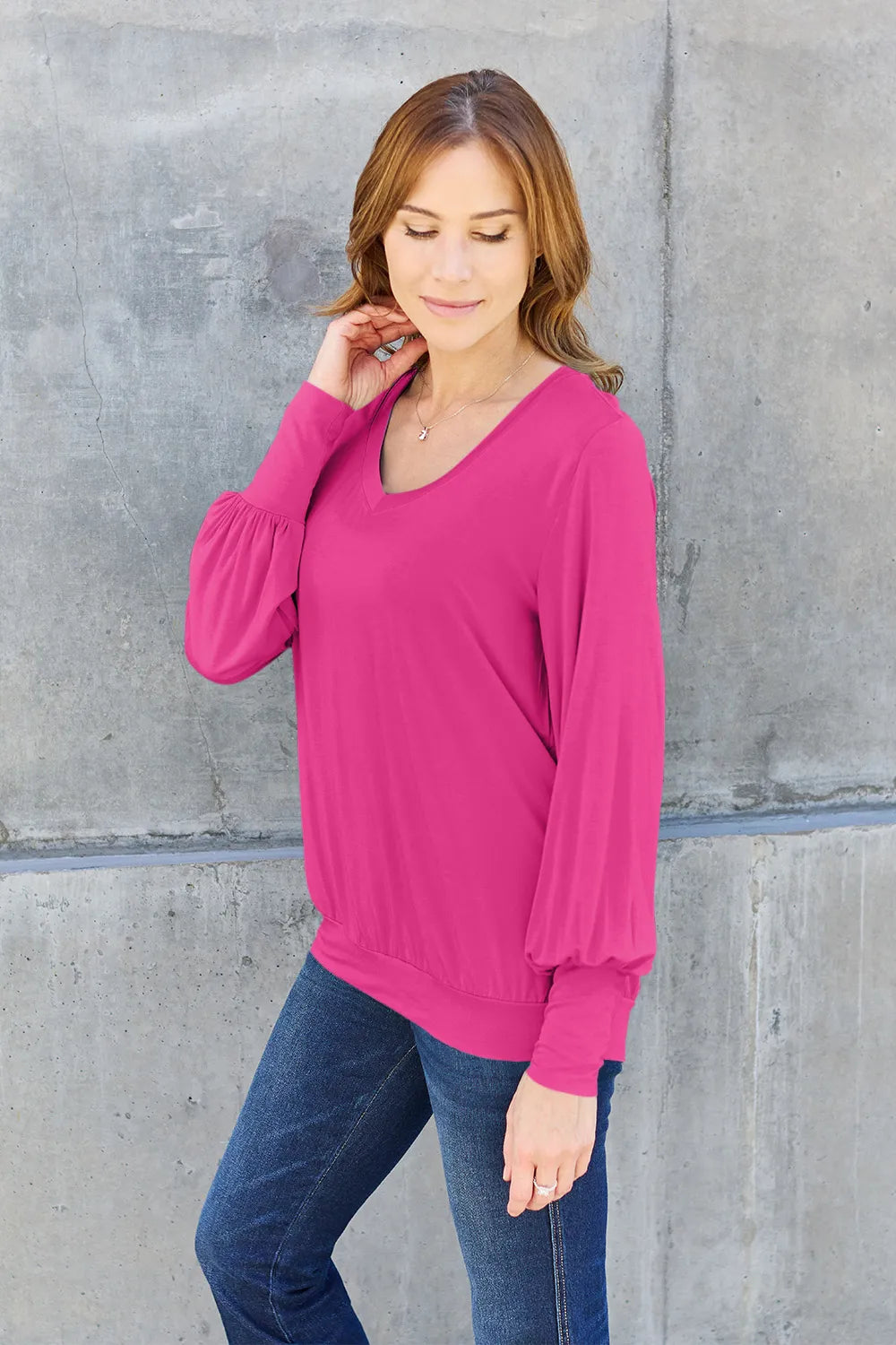 Basic Bae Full Size V - Neck Lantern Sleeve Top - Demented Sisters