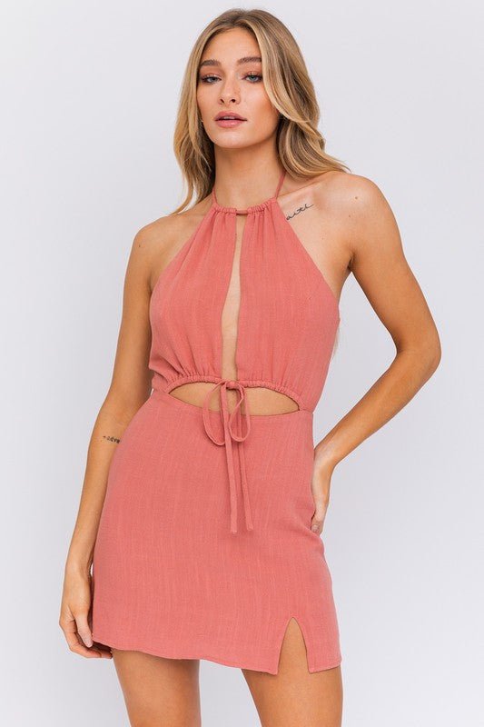 Halter Neck Open Front Detail Dress - Demented Sisters