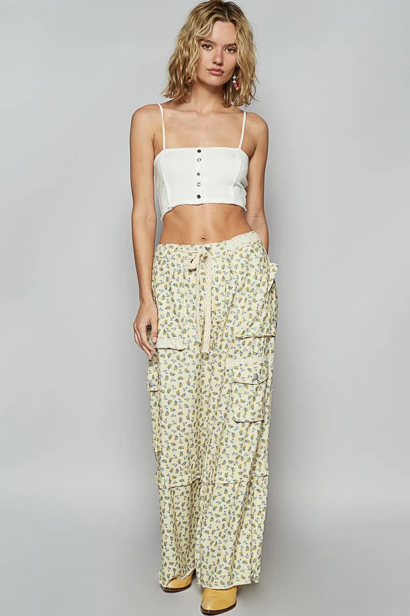 POL Floral Cargo Wide Leg Pants with Lace Drawstring - Demented Sisters