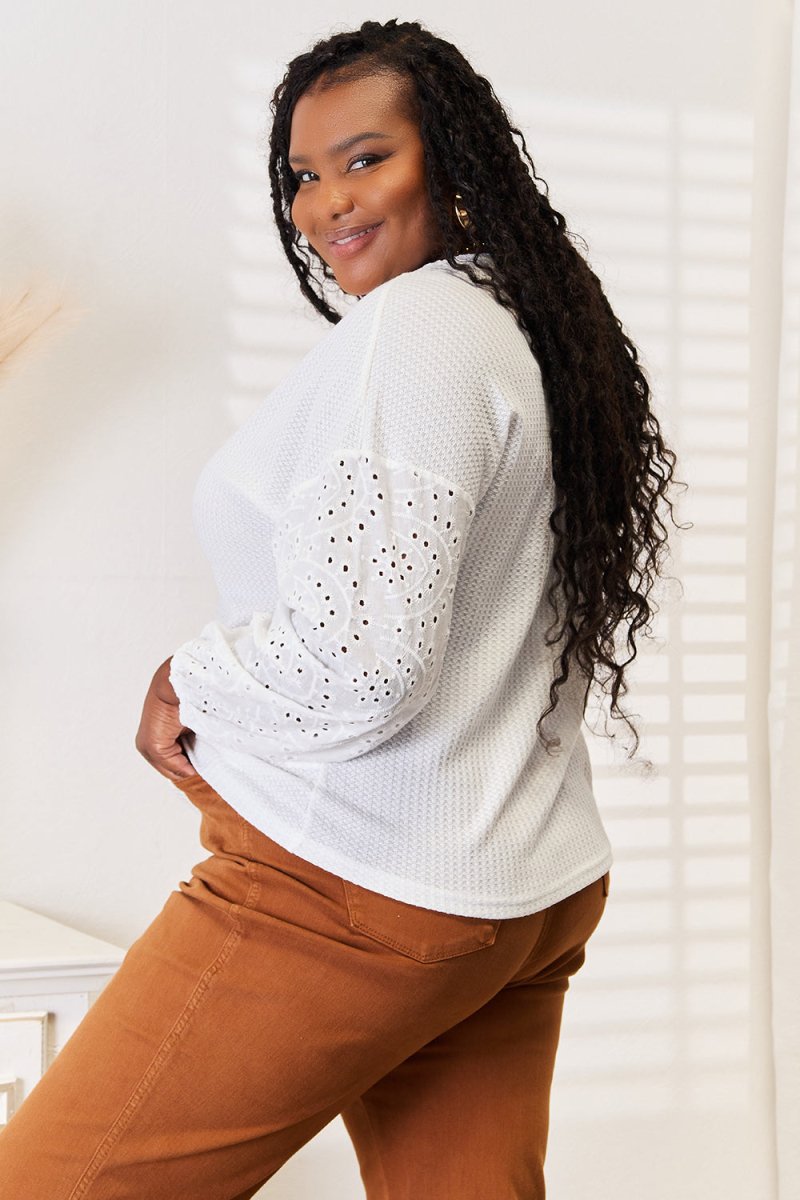 Shiny Eyelet Dropped Shoulder Round Neck Blouse - Demented Sisters