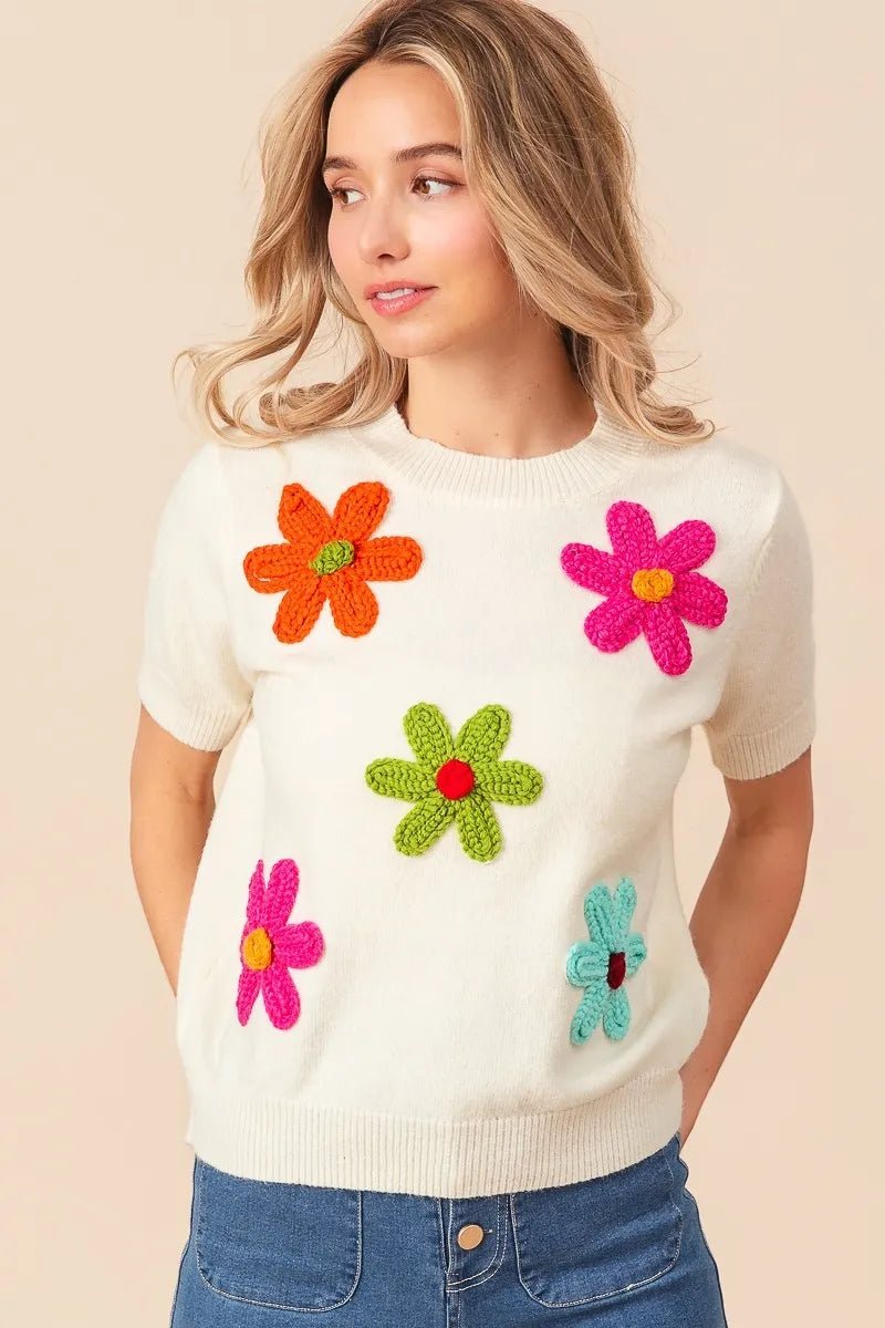BiBi Crochet Flower Patch Sweater Top - Demented Sisters