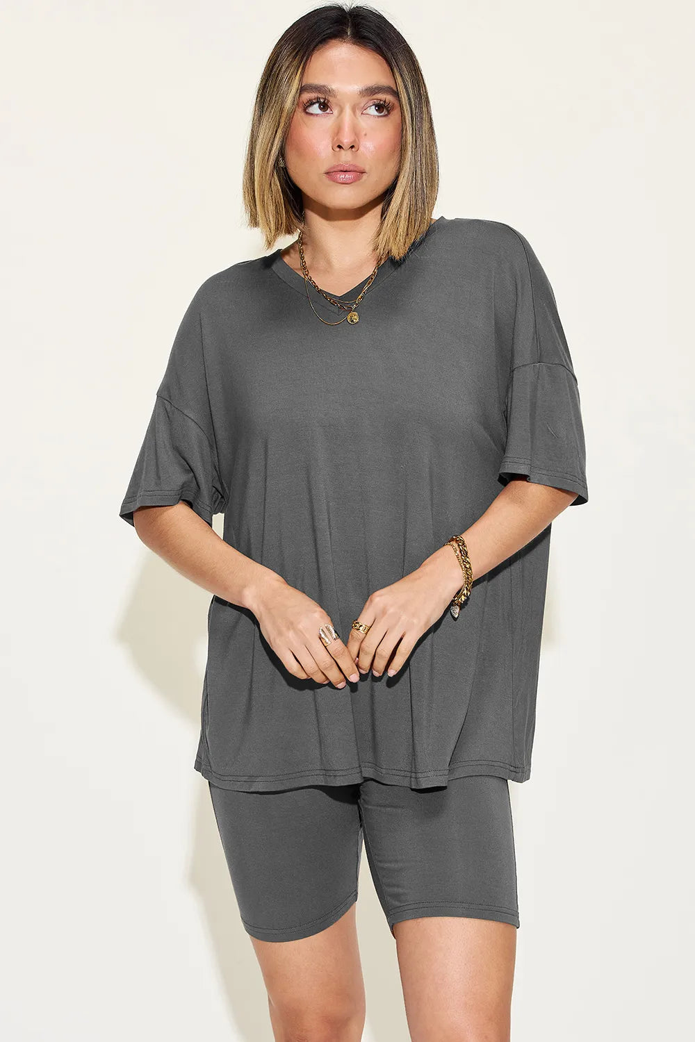 Basic Bae Full Size V - Neck Drop Shoulder T-Shirt and Shorts Set - Demented Sisters