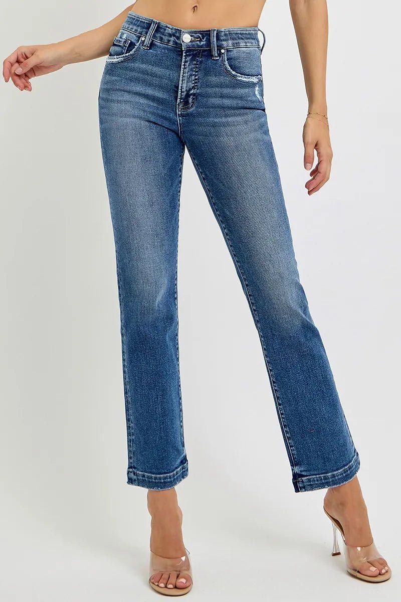 RISEN Full Size Tummy Control Elastic Band Mid Rise Straight Jeans Plus Size - Demented Sisters