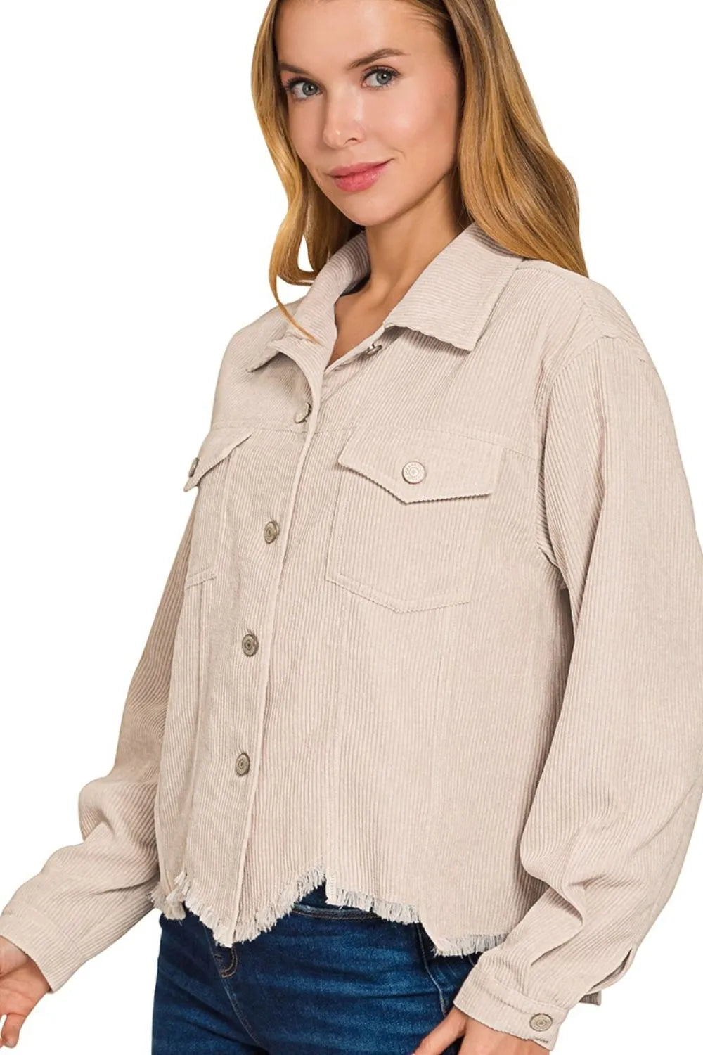 Zenana Distressed Corduroy Frayed Hem Cropped Jacket - Demented Sisters