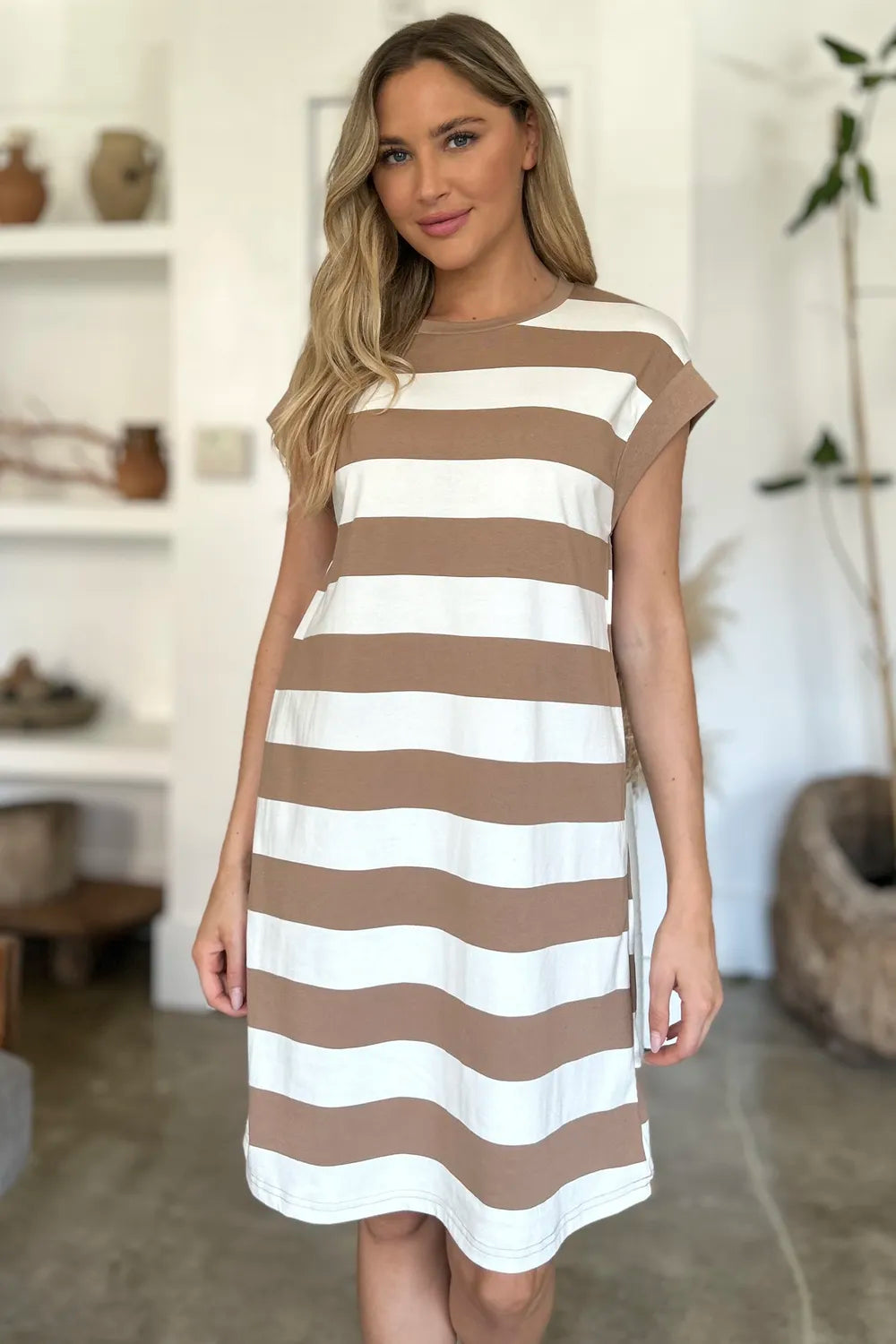 Basic Bae Full Size Striped Round Neck Cap Sleeve Mini Dress - Demented Sisters