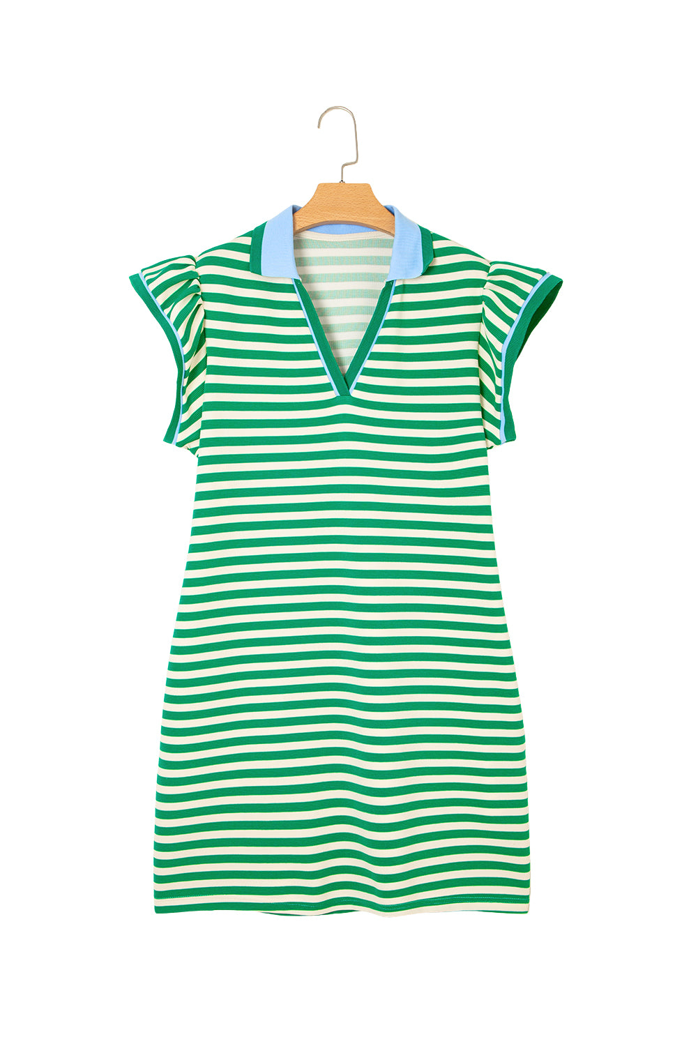 Dark Blue Striped Ruffle Short Sleeve Pop of Color Neckline Dress
