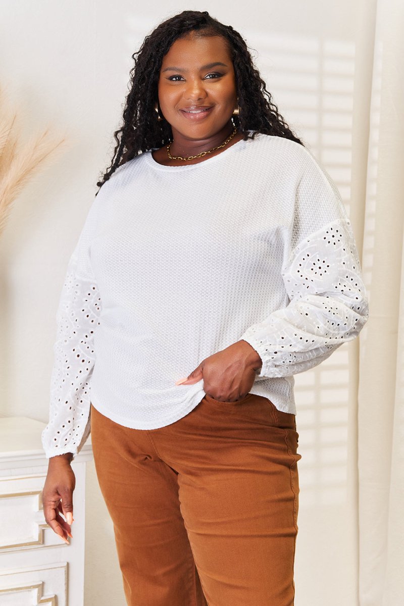 Shiny Eyelet Dropped Shoulder Round Neck Blouse - Demented Sisters