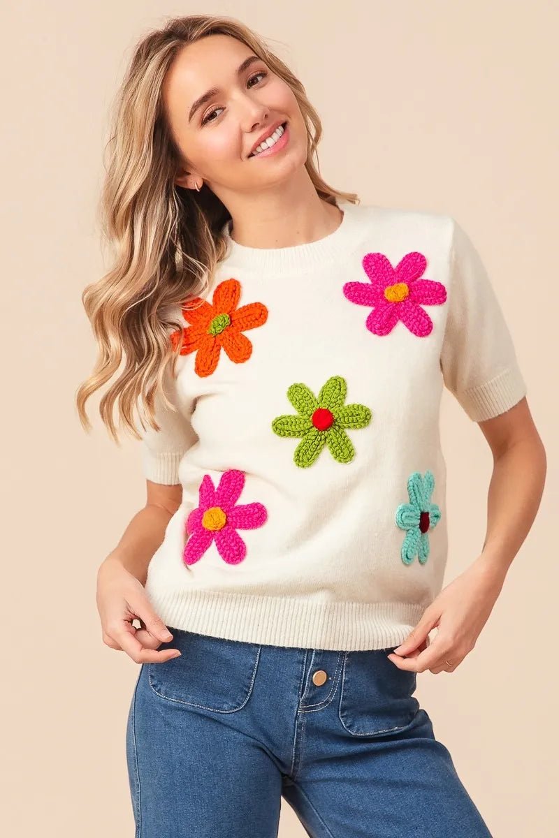 BiBi Crochet Flower Patch Sweater Top - Demented Sisters