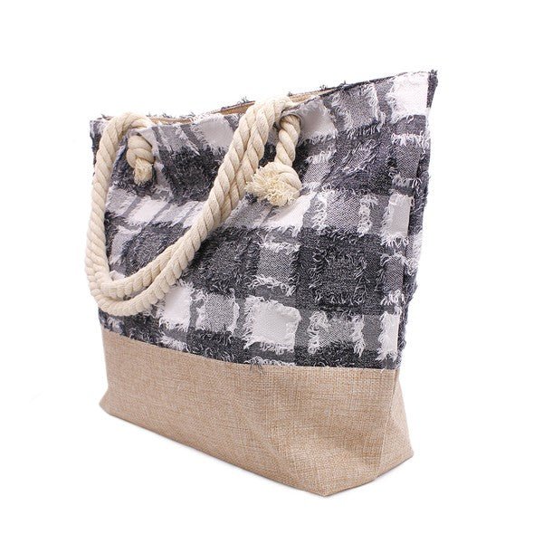 PLAID FRAYED TWEED BEACH TOTE BAG - Demented Sisters