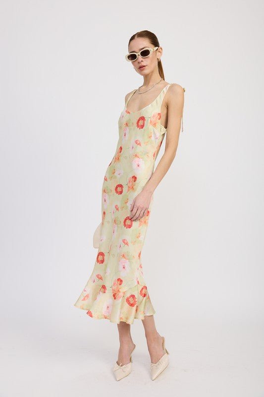 PRINTED SATIN MIDI DRESS WITH SCOOP NECK - Demented Sisters