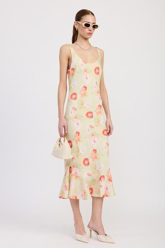 PRINTED SATIN MIDI DRESS WITH SCOOP NECK - Demented Sisters