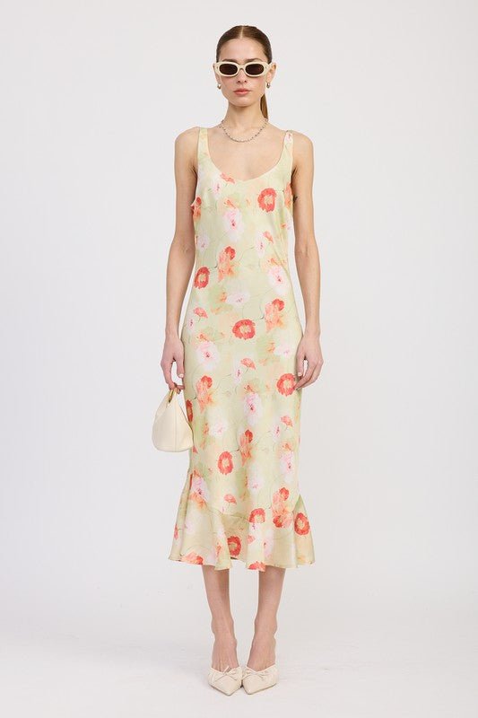 PRINTED SATIN MIDI DRESS WITH SCOOP NECK - Demented Sisters