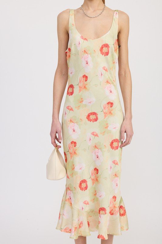 PRINTED SATIN MIDI DRESS WITH SCOOP NECK - Demented Sisters