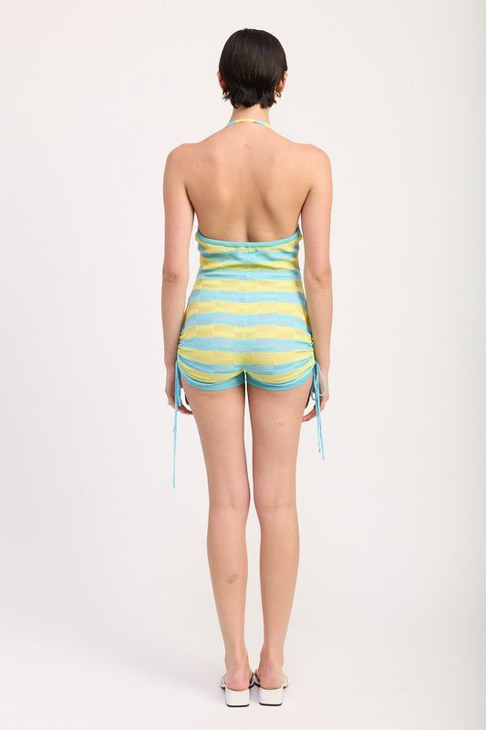STRIPED KNIT HALTER NECK ROMPER WITH DRAWSTRINGS - Demented Sisters