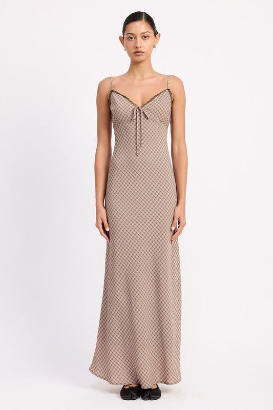 BIAS CUT FLARED MAXI DRESS WITH LACE TRIM - Demented Sisters