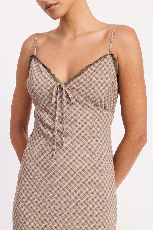 BIAS CUT FLARED MAXI DRESS WITH LACE TRIM - Demented Sisters