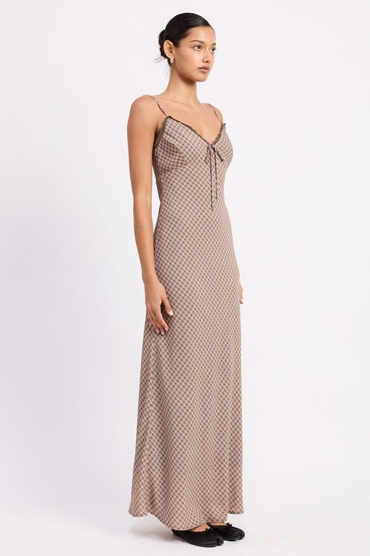 BIAS CUT FLARED MAXI DRESS WITH LACE TRIM - Demented Sisters