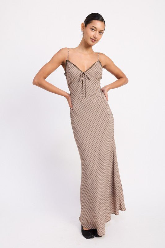 BIAS CUT FLARED MAXI DRESS WITH LACE TRIM - Demented Sisters