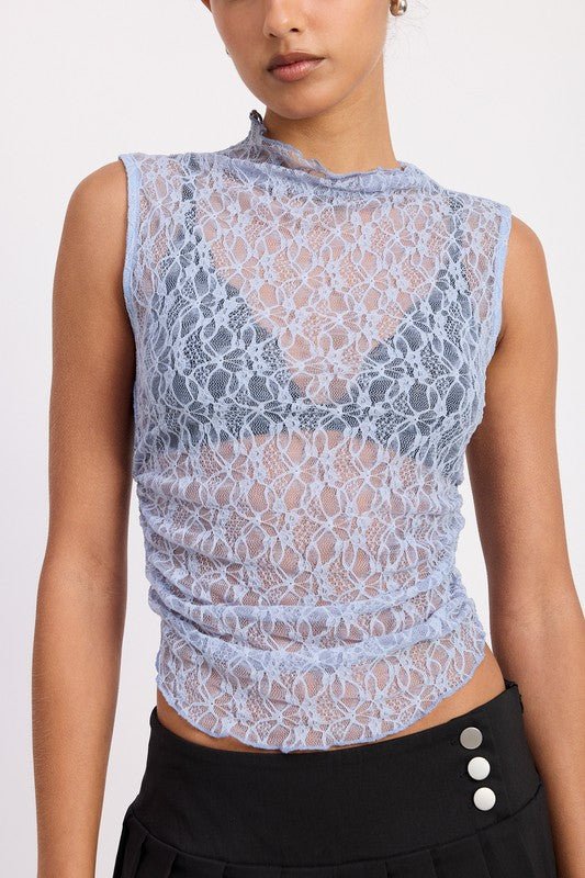 LACE MOCK NECK SLEEVELESS TOP WITH SIDE RUCHING - Demented Sisters
