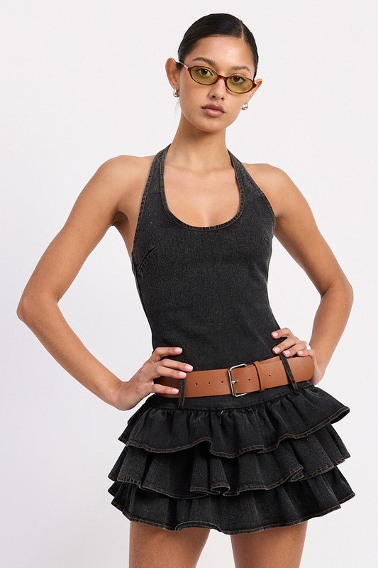 MINI BELTED RUFFLED DENIM DRESS WITH HALTER NECK - Demented Sisters