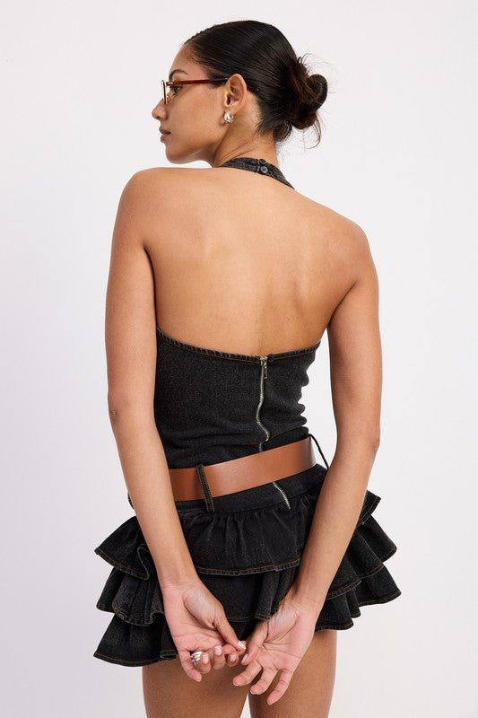 MINI BELTED RUFFLED DENIM DRESS WITH HALTER NECK - Demented Sisters