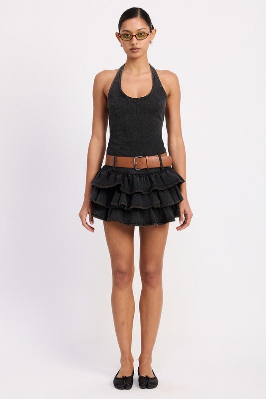 MINI BELTED RUFFLED DENIM DRESS WITH HALTER NECK - Demented Sisters