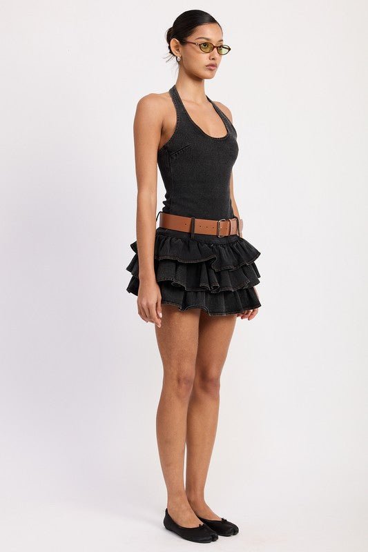 MINI BELTED RUFFLED DENIM DRESS WITH HALTER NECK - Demented Sisters