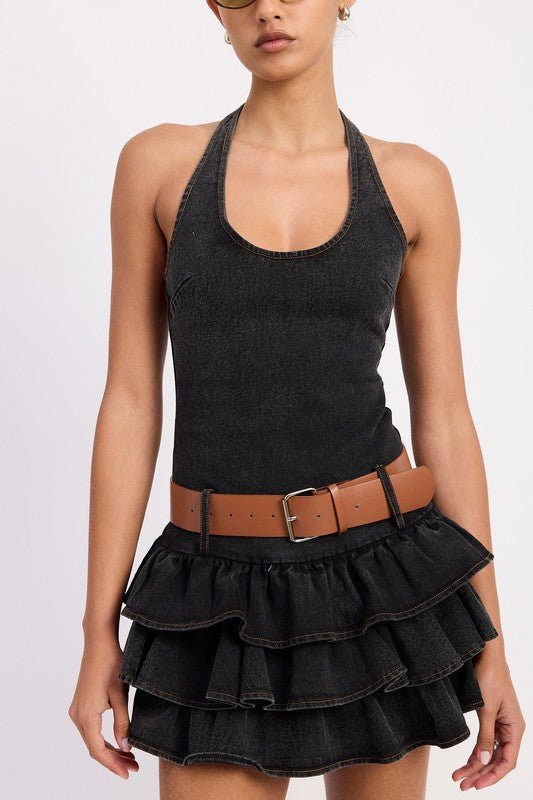 MINI BELTED RUFFLED DENIM DRESS WITH HALTER NECK - Demented Sisters