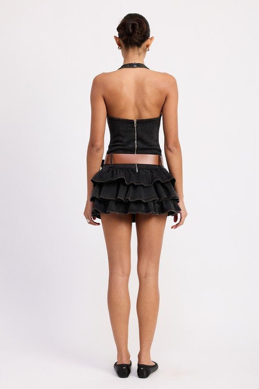 MINI BELTED RUFFLED DENIM DRESS WITH HALTER NECK - Demented Sisters