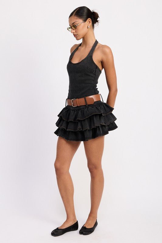 MINI BELTED RUFFLED DENIM DRESS WITH HALTER NECK - Demented Sisters