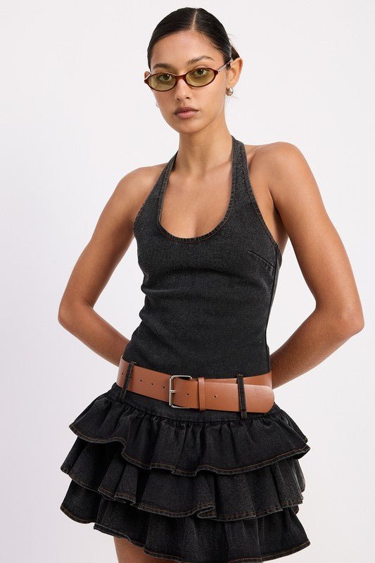 MINI BELTED RUFFLED DENIM DRESS WITH HALTER NECK - Demented Sisters