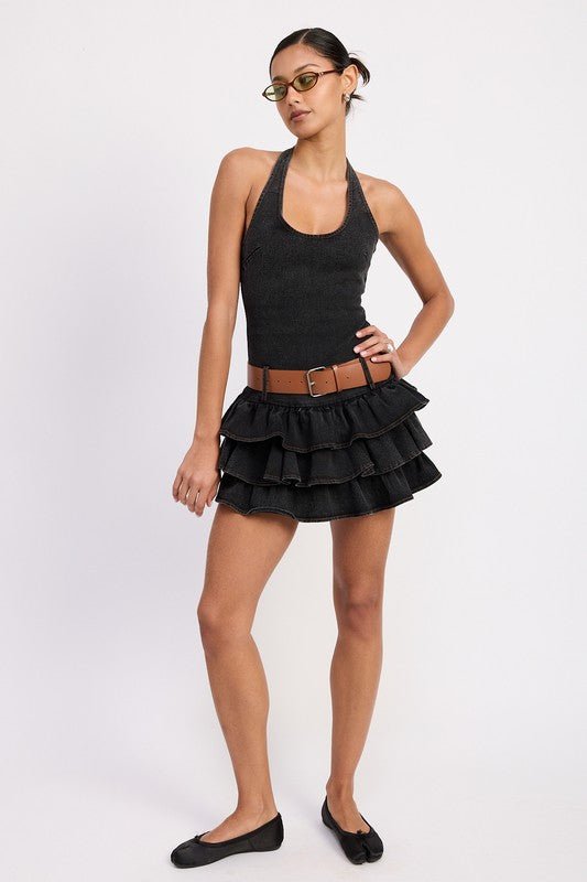 MINI BELTED RUFFLED DENIM DRESS WITH HALTER NECK - Demented Sisters