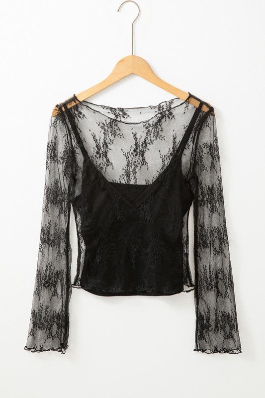 Lace Mesh Crochet Splicing Slim Long Sleeve Blouse - Demented Sisters