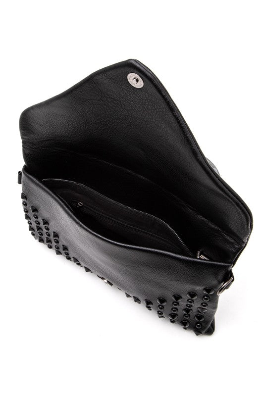 Black Studded Envelope Clutch – Convertible Crossbody Swing Bag with Strap - Demented Sisters