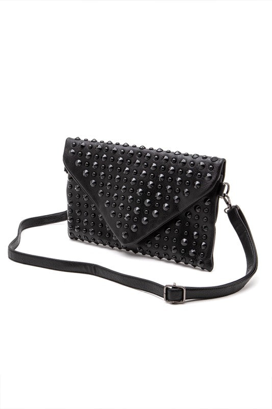 Black Studded Envelope Clutch – Convertible Crossbody Swing Bag with Strap - Demented Sisters