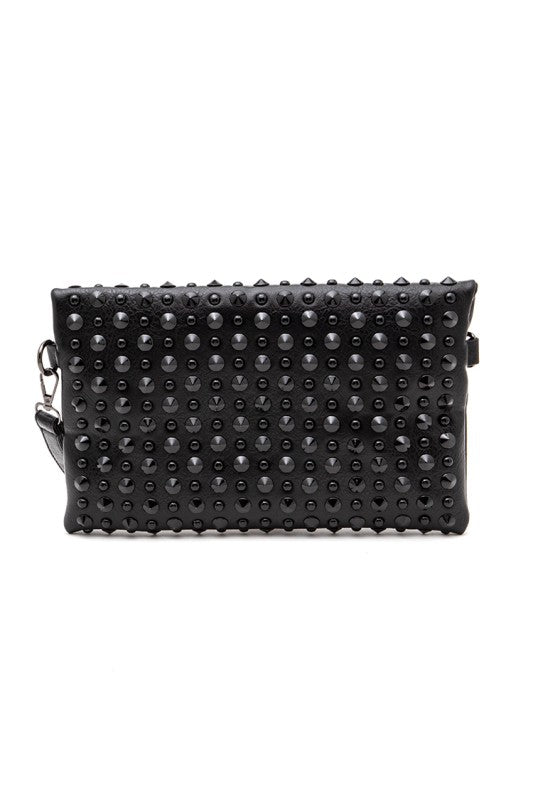 Black Studded Envelope Clutch – Convertible Crossbody Swing Bag with Strap - Demented Sisters