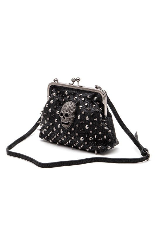 Black Studded Skull Kiss Lock Purse – Spiked Gothic Handbag with Shoulder Strap - Demented Sisters