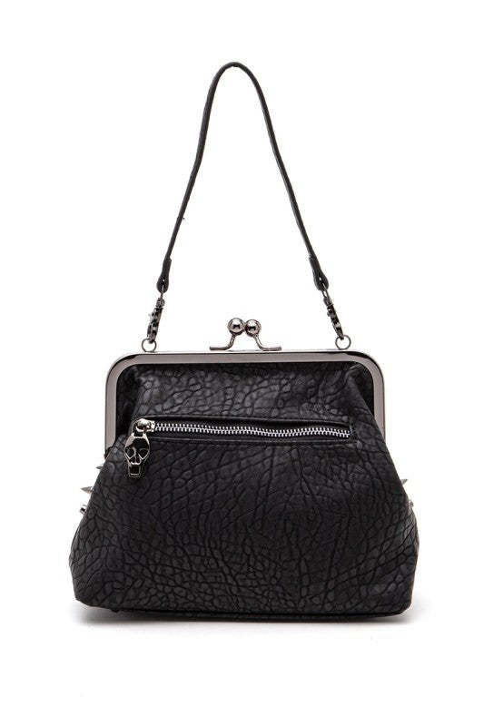 Black Studded Skull Kiss Lock Purse – Spiked Gothic Handbag with Shoulder Strap - Demented Sisters